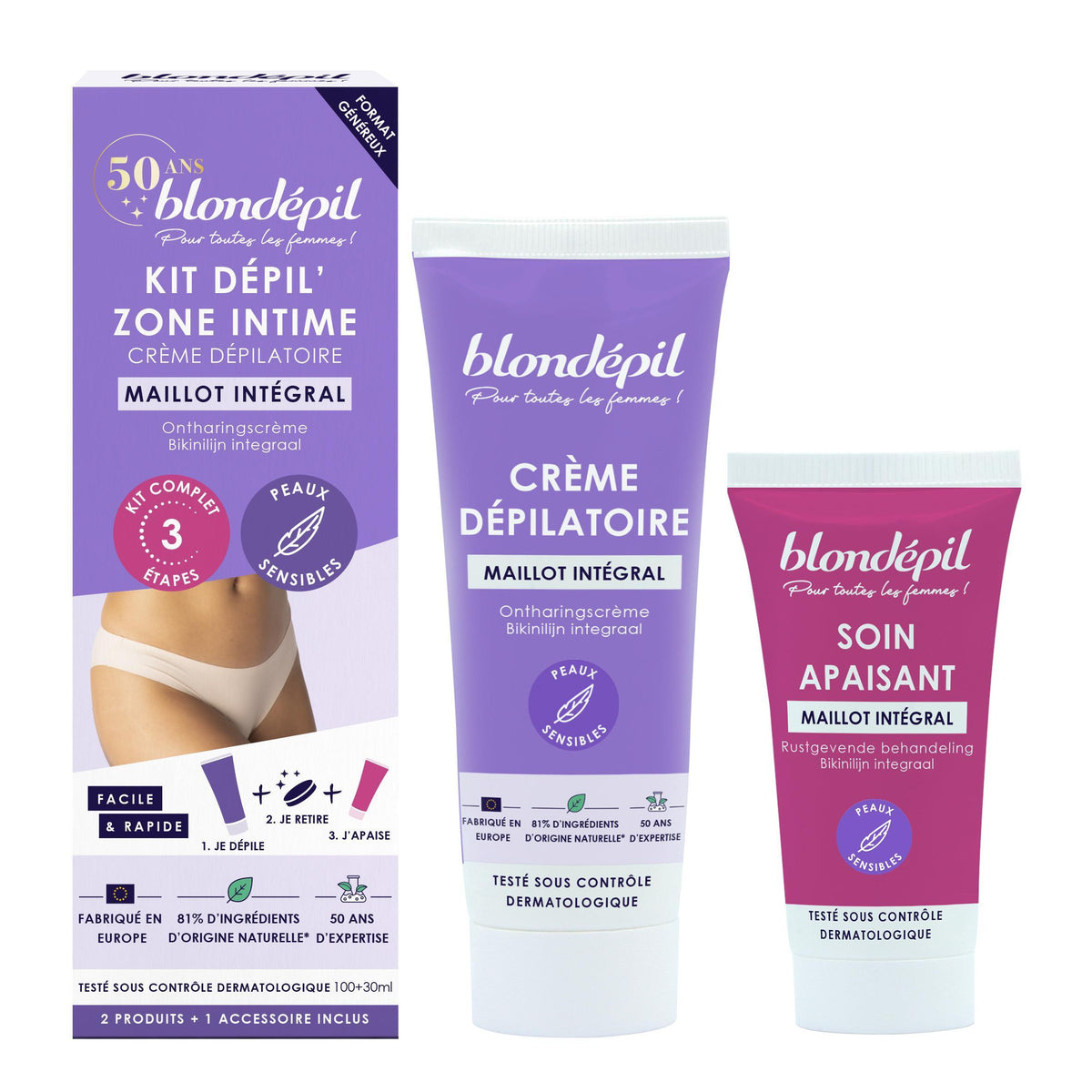 créme dépilatoir Kit Dépil' Zone Intime 3 pieces Blondépil 100+30ml