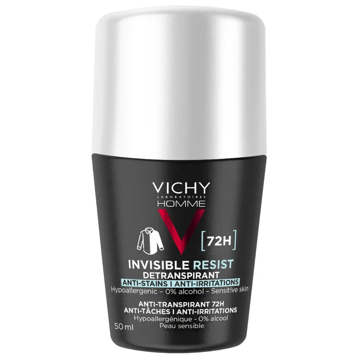 Vichy HOMME - INVISIBLE RESIST - Déodorant Détranspirant 72h Anti-Taches Anti-Irritations - Peaux Sensibles, Roll-On 50ml