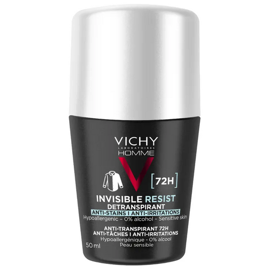 Vichy HOMME - INVISIBLE RESIST - Déodorant Détranspirant 72h Anti-Taches Anti-Irritations - Peaux Sensibles, Roll-On 50ml